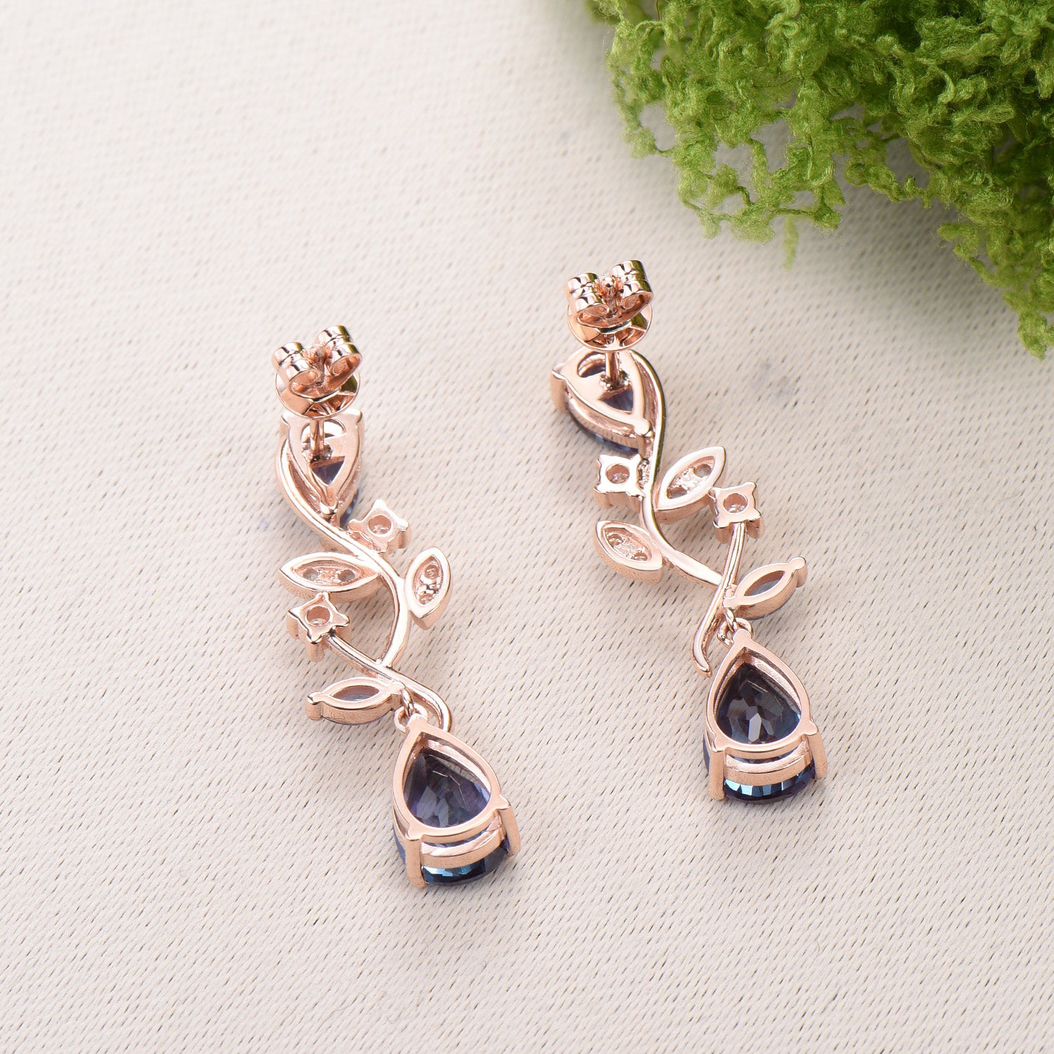 Nature Inspired Pear Shaped Alexandrite Earrings Emerald Elegant Leaf Vine Stud Earrings Unique Handmade Anniversary Promise Gift - PENFINE