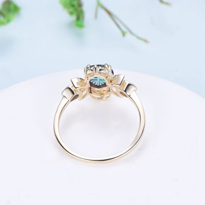 Round Shaped Fantasy Cut Alexandrite Moon Engagement Ring Diamond Art Deco Ring