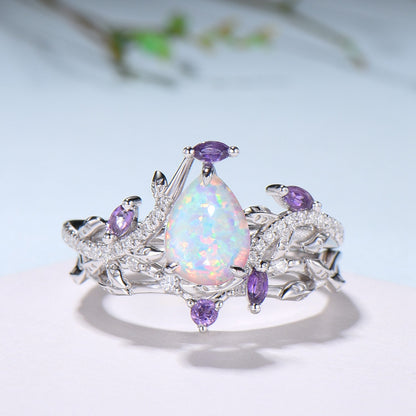 Vintage Pear Shaped White Fire Opal Engagement Ring Set Nature Inspired Snake Marqusie Opal Wedding Set 14K Rose Gold Amethyst Bridal Set - PENFINE