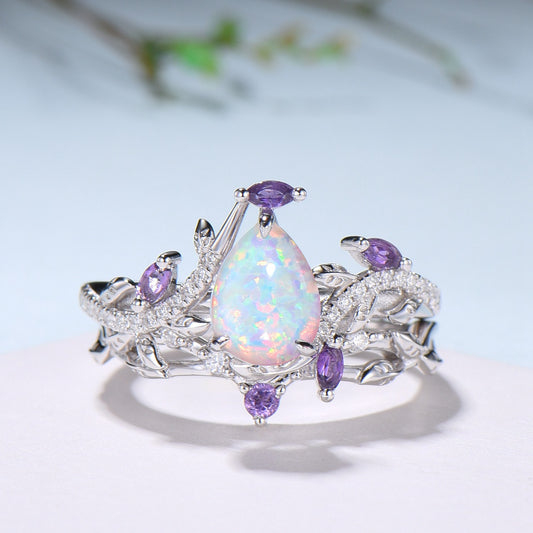 Vintage Pear Shaped White Fire Opal Engagement Ring Set Nature Inspired Snake Marqusie Opal Wedding Set 14K Rose Gold Amethyst Bridal Set - PENFINE