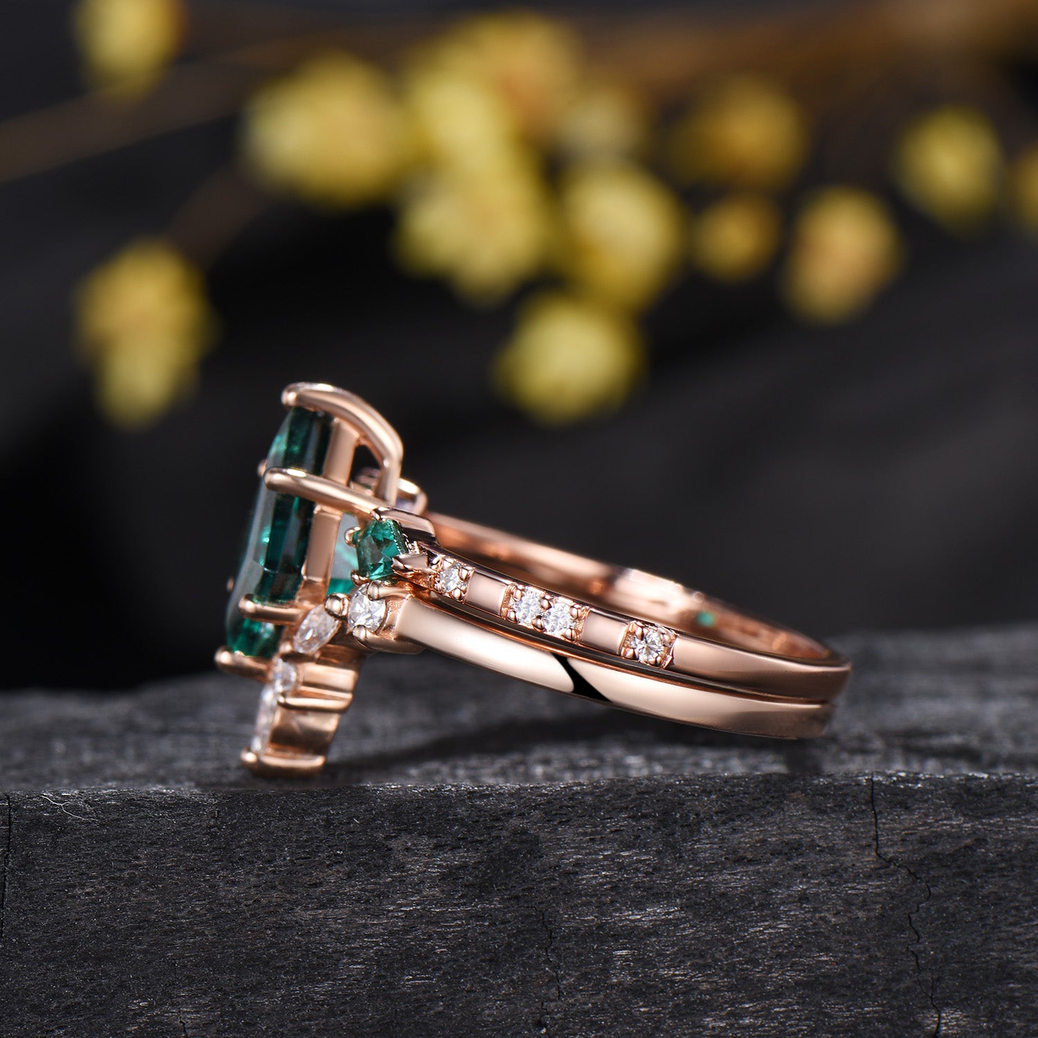 Art Deco Kite Cut Emerald Wedding Ring Set, May Birthstone 14K Rose Gold Engagement Ring, Unique Promise Promise Ring For Women