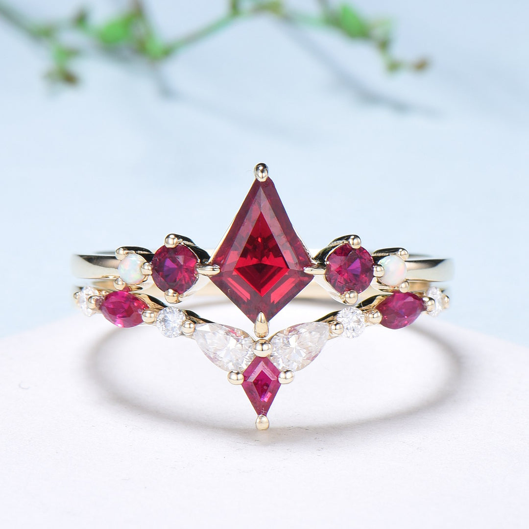 Vintage Kite Ruby Engagement Ring Set 1ct Ruby Bridal Wedding ring Set Art Deco Anniversary Gift Unique July Birthstone Bride Ring For Women - PENFINE