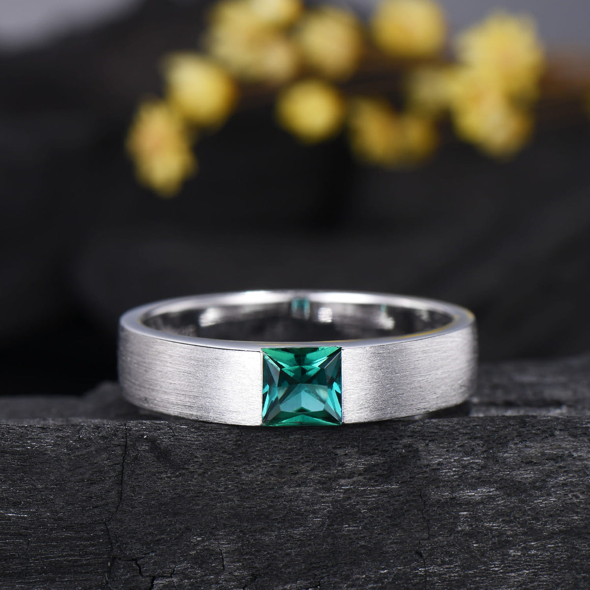 Men's Princess Cut Green Emerald Ring: 14K White Gold May Birthstone Gift For Him