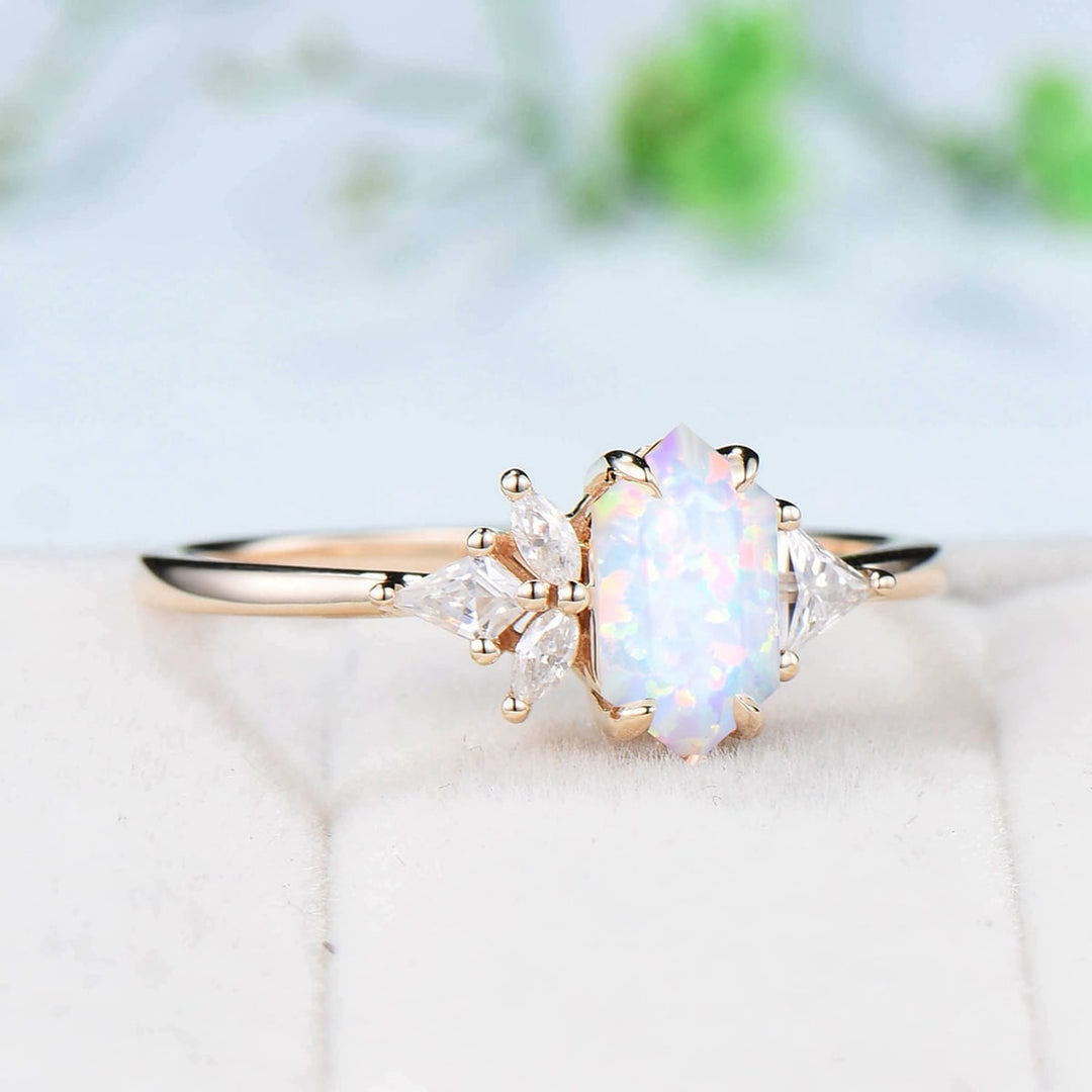 Unique File opal engagement ring long hexagon asymmetrical rose gold white opal wedding ring five moissanite handmade proposal gifts women - PENFINE