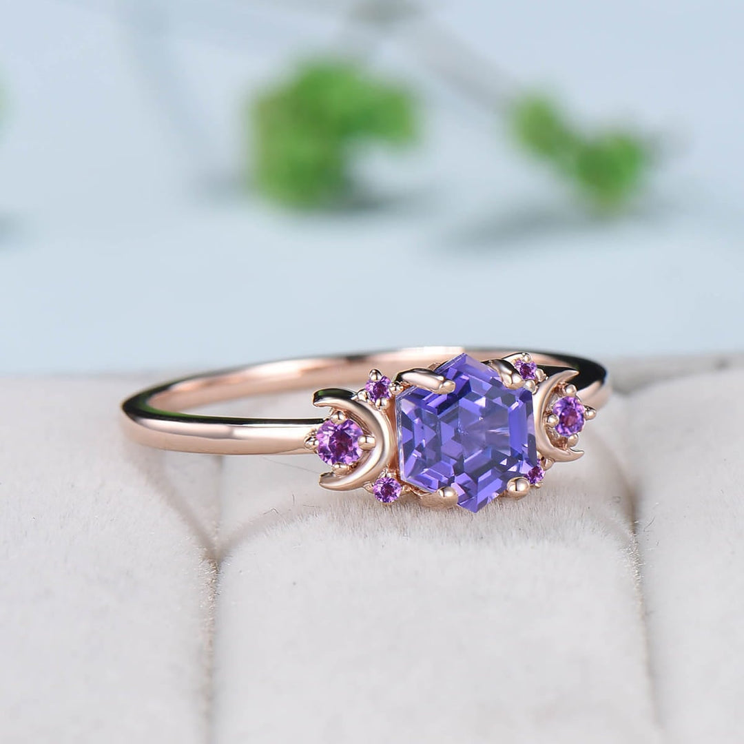 Vintage Purple Sapphire Engagement Ring Unique Hexagon Amethyst Moon Wedding Ring Women February Birthstone Gift Purple Crystal Promise Ring - PENFINE