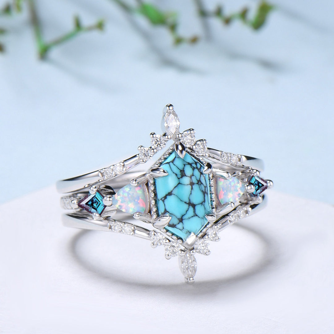 Vintage 5X9mm long hexagon turquoise engagement ring set unique triangle fire opal kite alexandrite wedding ring set double curved v band - PENFINE