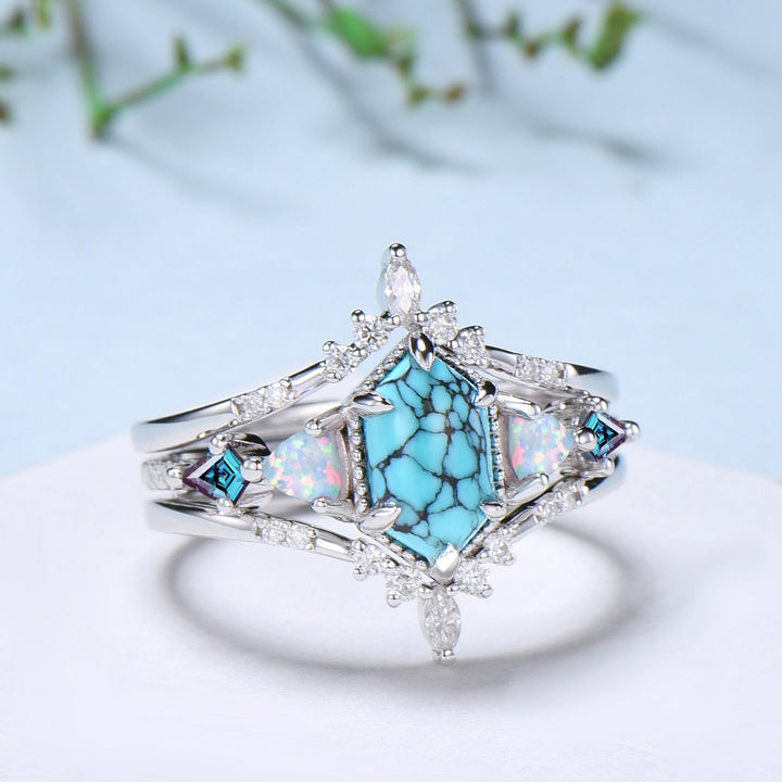 Vintage 5X9mm long hexagon turquoise engagement ring set unique triangle fire opal kite alexandrite wedding ring set double curved v band - PENFINE