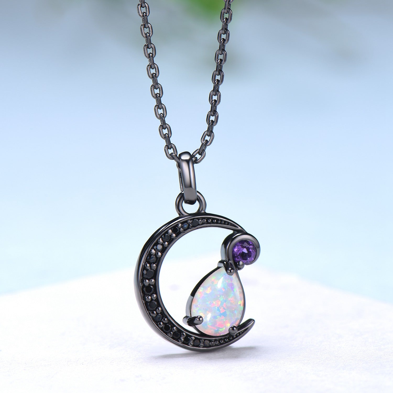 Magic Crescent Moon Black Gold Opal Amethyst Gothic Pendant Necklace Unique Pear Shaped Fire White Opal Black Spinel Necklace Halloween Girl - PENFINE