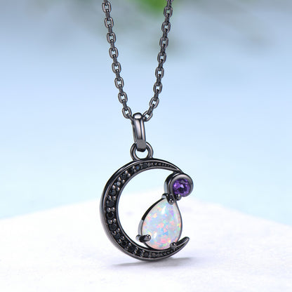 Magic Crescent Moon Black Gold Opal Amethyst Gothic Pendant Necklace Unique Pear Shaped Fire White Opal Black Spinel Necklace Halloween Girl - PENFINE