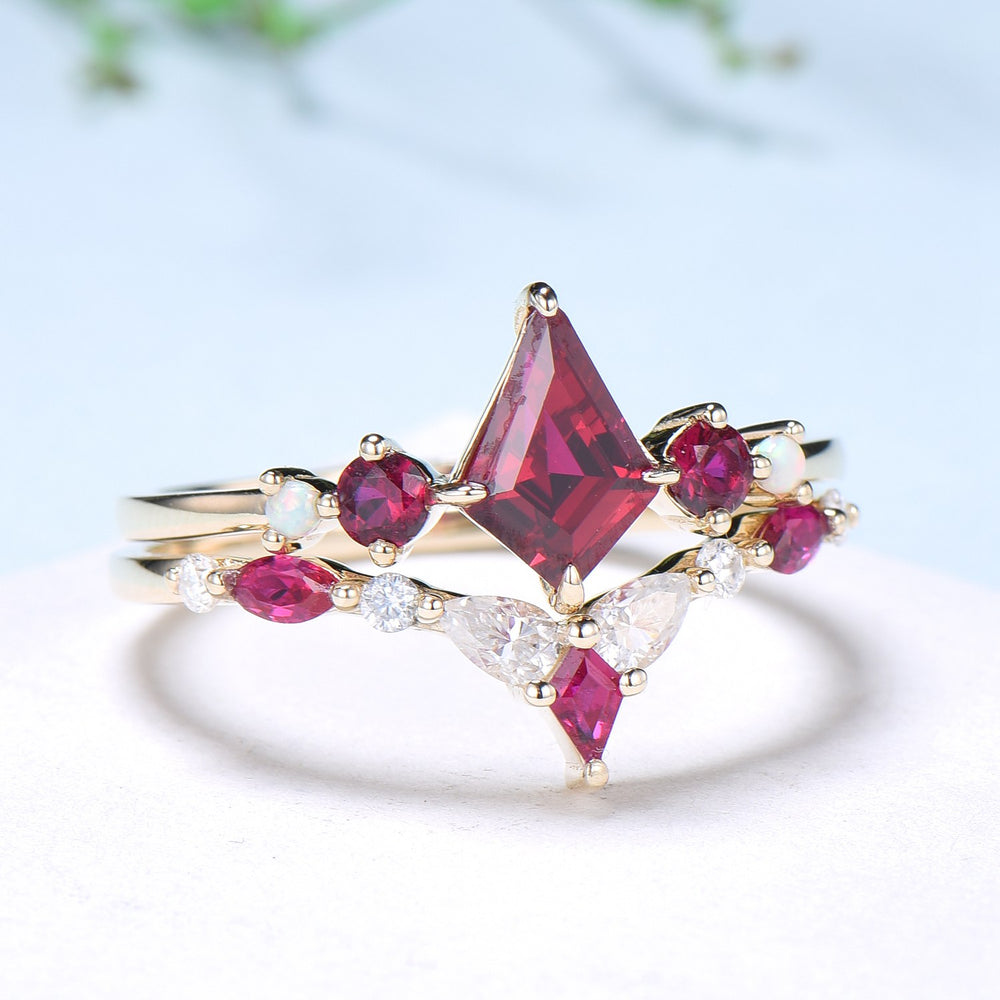 Vintage Kite Ruby Engagement Ring Set 1ct Ruby Bridal Wedding ring Set Art Deco Anniversary Gift Unique July Birthstone Bride Ring For Women - PENFINE