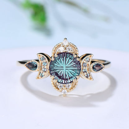 Round Shaped Fantasy Cut Alexandrite Moon Engagement Ring Diamond Art Deco Ring