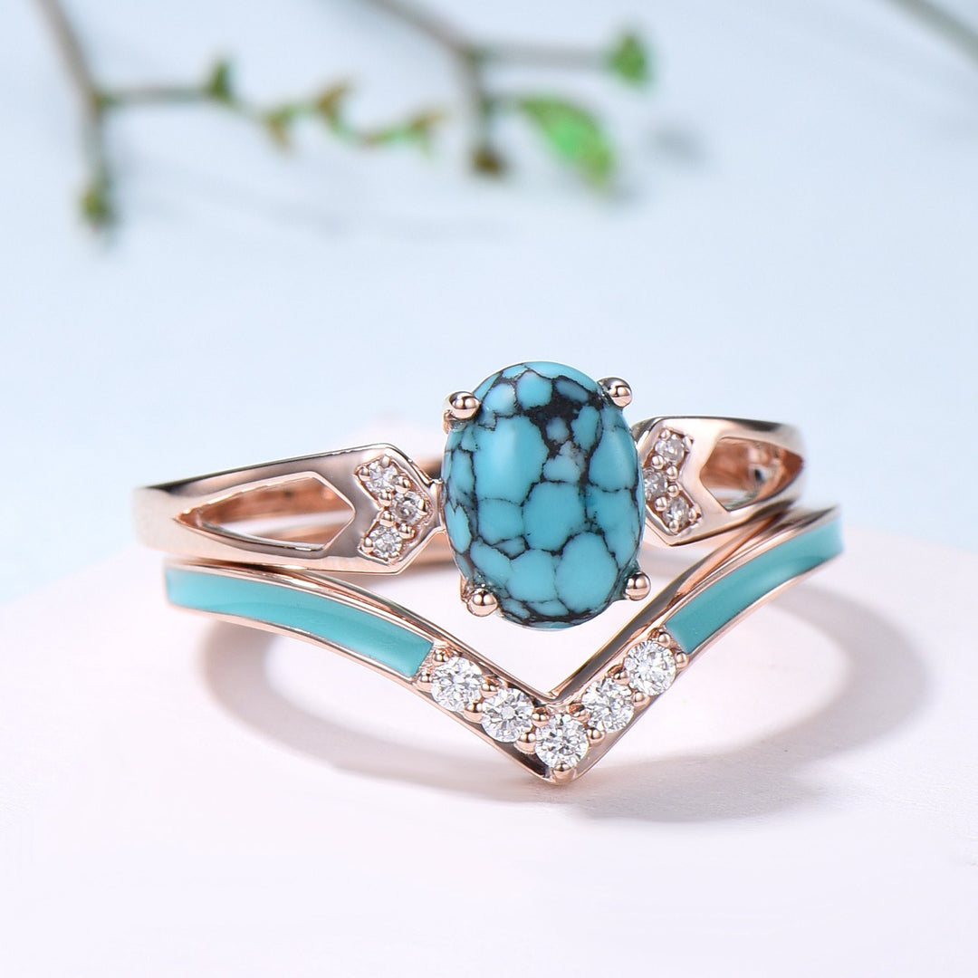 Unique Oval Turquoise engagement ring set 14k white gold vintage split shank engagement ring for women Blue Enamel Wedding Ring Antique Gift - PENFINE