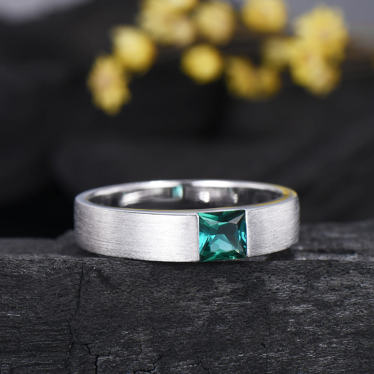 Men's Princess Cut Green Emerald Ring: 14K White Gold May Birthstone Gift For Him