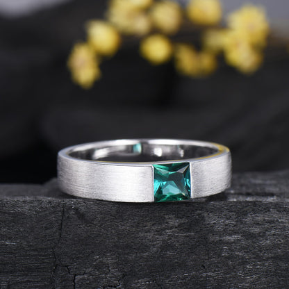 Men's Princess Cut Green Emerald Ring: 14K White Gold May Birthstone Gift For Him