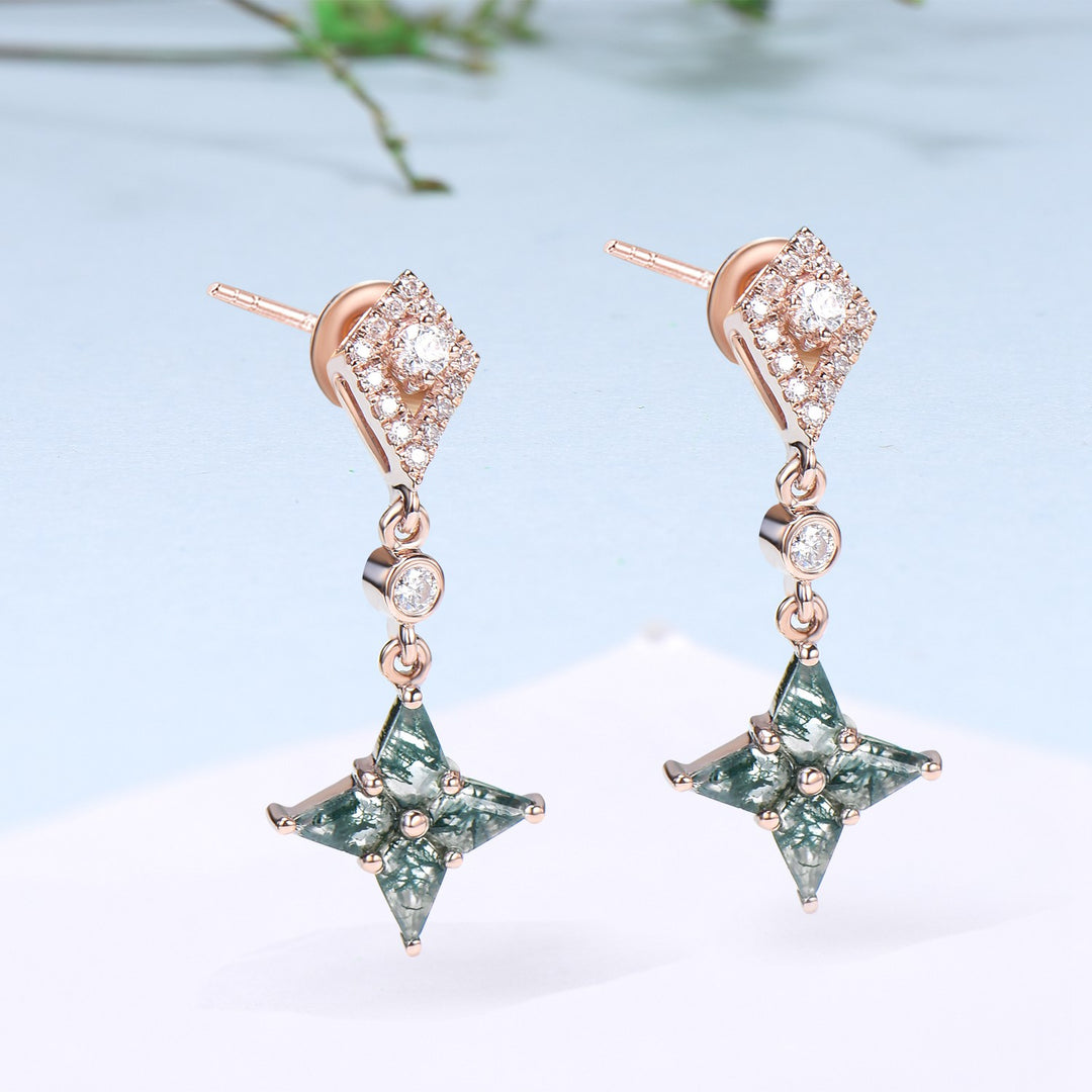 Vintage kite moss agate earrings Unique pinwheel earrings halo diamond drop stud earrings dainty green agate anniversary gift for women - PENFINE