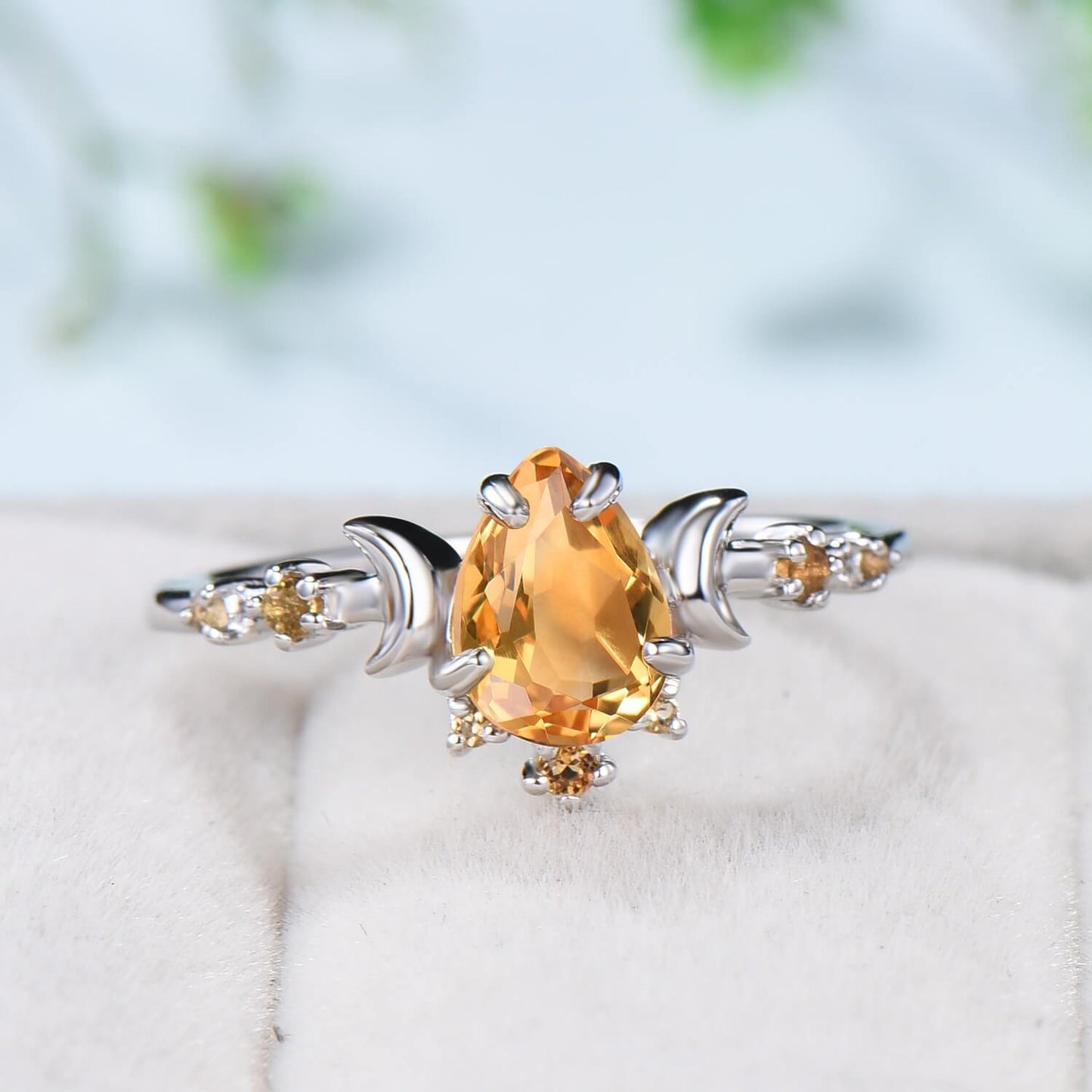 Vintage Pear Shaped Citrine Engagement Ring Unique Crescent moon orange citrine gold wedding ring women celestial anniversary gift for her - PENFINE