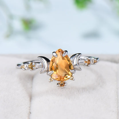 Vintage Pear Shaped Citrine Engagement Ring Unique Crescent moon orange citrine gold wedding ring women celestial anniversary gift for her - PENFINE