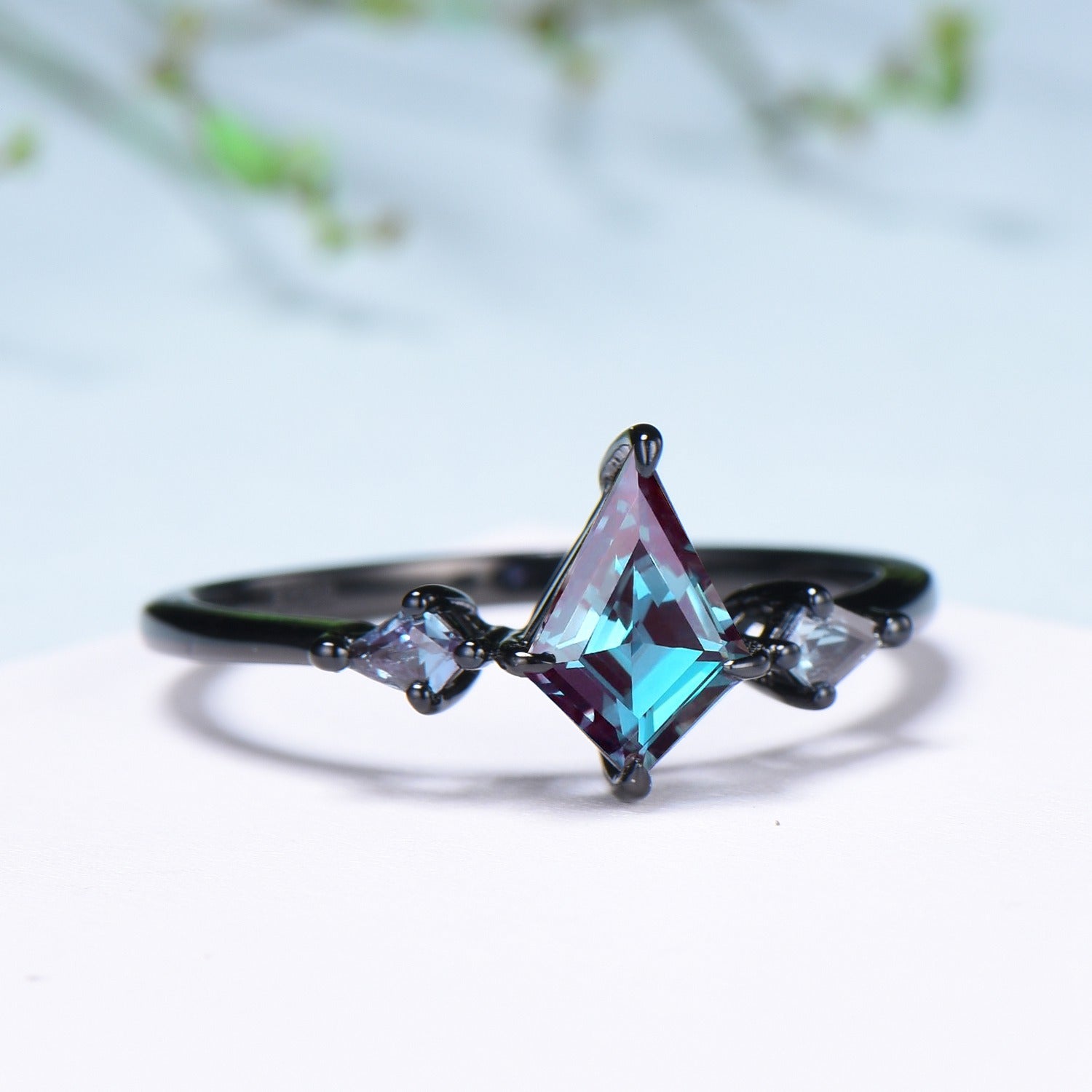 Dainty Black Gold Kite Cut Alexandrite Engagement Ring Minimalist Three Stone - PENFINE