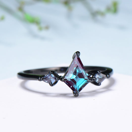 Dainty Black Gold Kite Cut Alexandrite Engagement Ring Minimalist Three Stone - PENFINE