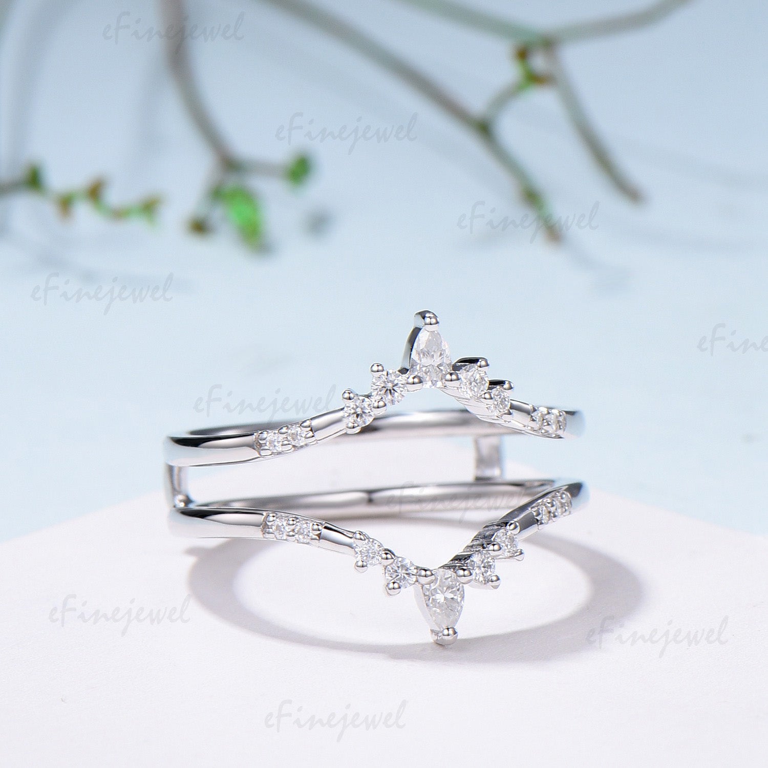 Double Curved Diamond Wedding Band Enhancer, Marquise & Round Moissanite Alternative Ring Guard for Women - PENFINE