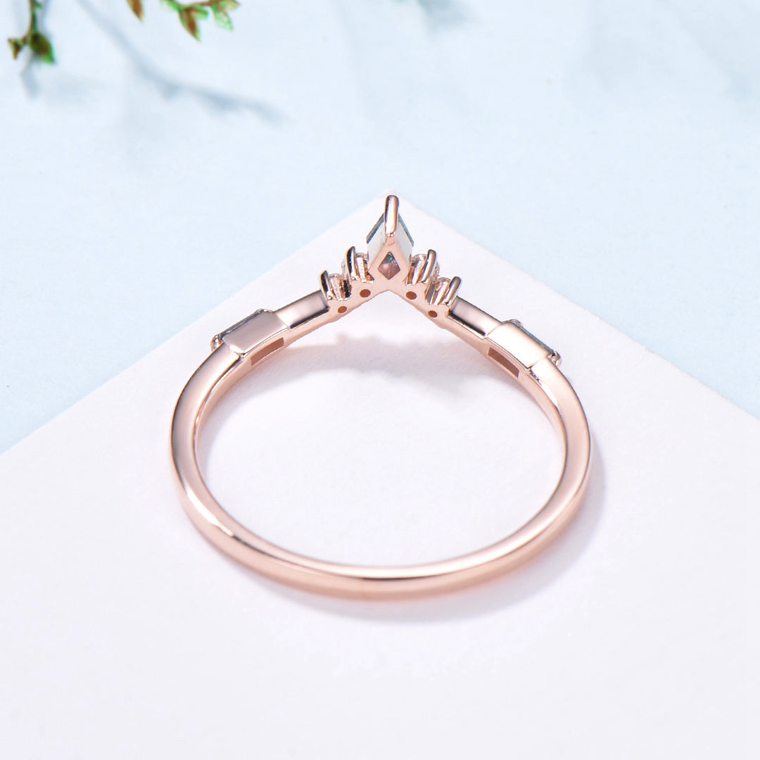 Curved Kite and Baguette Cut Alexandrite Wedding Band, Rose Gold Cluster Moissanite Ring - PENFINE