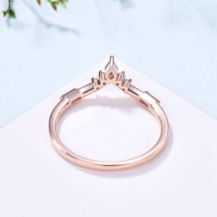 Curved Kite and Baguette Cut Alexandrite Wedding Band, Rose Gold Cluster Moissanite Ring - PENFINE