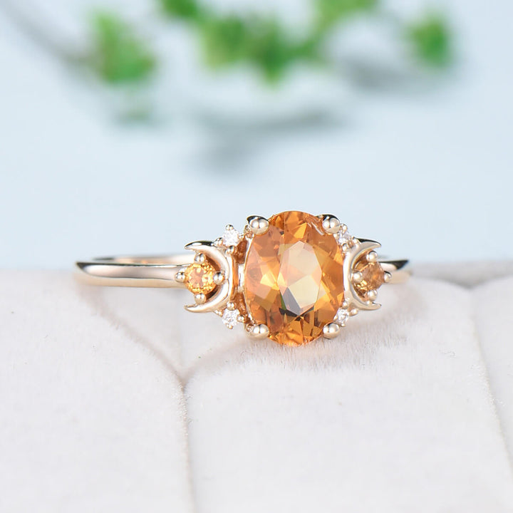 Vintage Moon Citrine Engagement Ring Unique Nature Inspired November Birthstone Anniversary Ring Magic Crescent Moon Healing Gem Jewelry - PENFINE