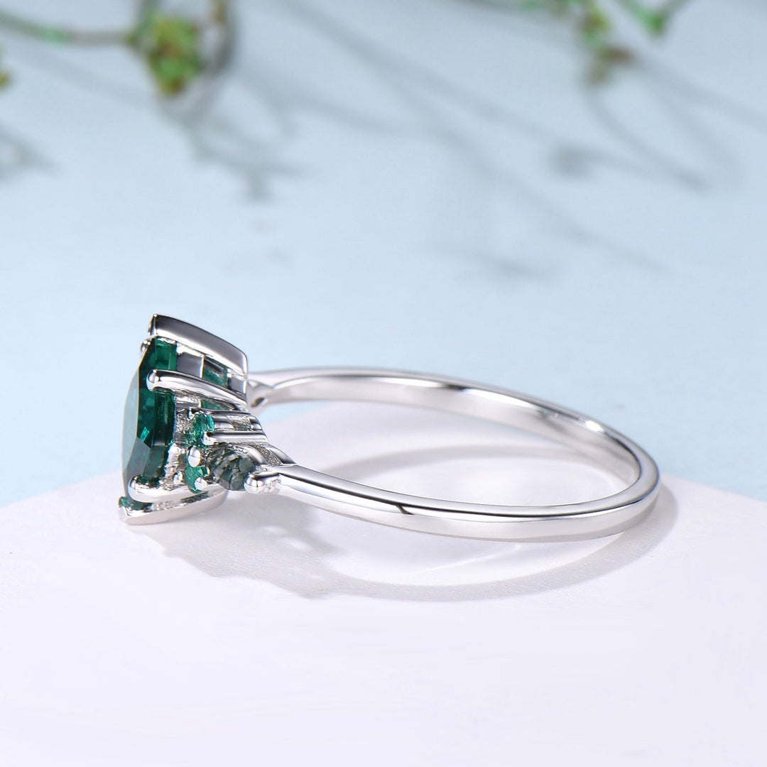 Unique Princess Cut Emerald Engagement Ring Set Silver White Gold Marquise Moss Agate Green Crystal Bridal Wedding Ring Retro Promise Ring - PENFINE