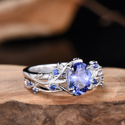 Natural Inspired Tanzanite Ring Set - Leaf Twig Sapphire Wedding Ring