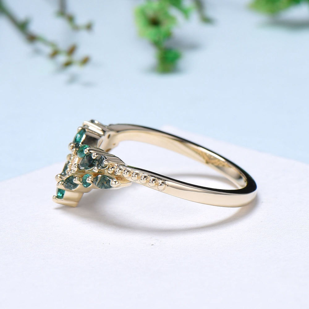 Unique moss agate Wedding Band Marquise cut emerald band rose gold wedding ring Art Deco Green Crystal Stacking matching band for women - PENFINE