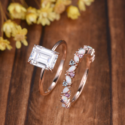Emerald Cut Moissanite Engagement Ring | 14K Rose Gold Bridal Set, Opal Wedding Band