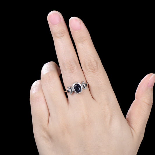 Oval Blue Sandstone Engagement Ring, Celestial Crescent Moon Ring, Gothic Promise Ring, Triple Goddess Witchy Jewelry, Anniversary Gift