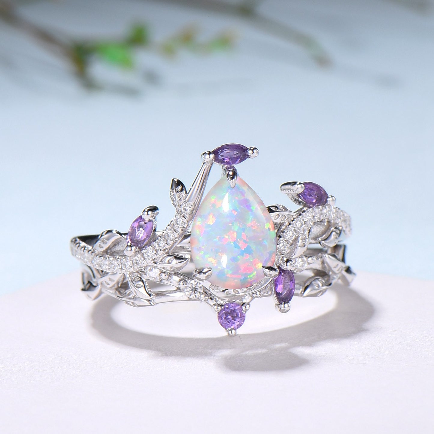 Vintage Pear Shaped White Fire Opal Engagement Ring Set Nature Inspired Snake Marqusie Opal Wedding Set 14K Rose Gold Amethyst Bridal Set - PENFINE