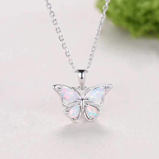 Elegant Marquise Pear White Opal Butterfly Pendant Necklace Fairy Wings