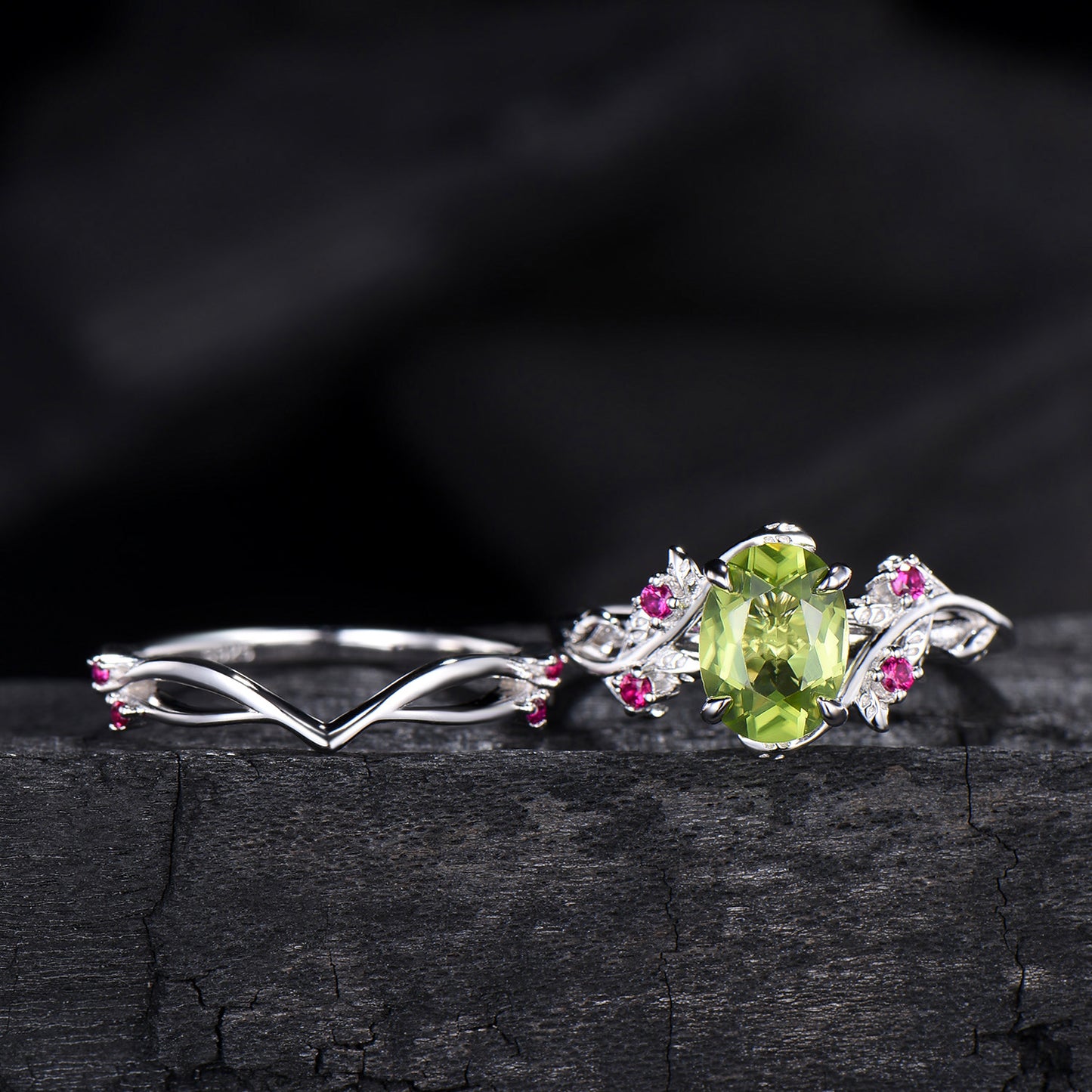 Leaf vine  peridot rubywedding ring set Natural inspired August Birthstone Jewelry