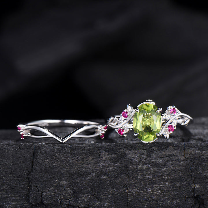Leaf vine  peridot rubywedding ring set Natural inspired August Birthstone Jewelry