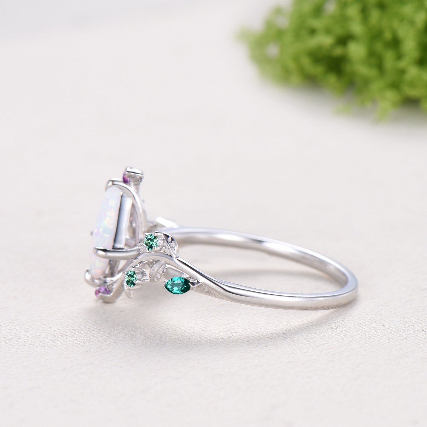 1CT Kite Cut White/Black/Blue Fire Opal Engagement Ring, Marquise Amethyst Emerald Leaf Vine Band
