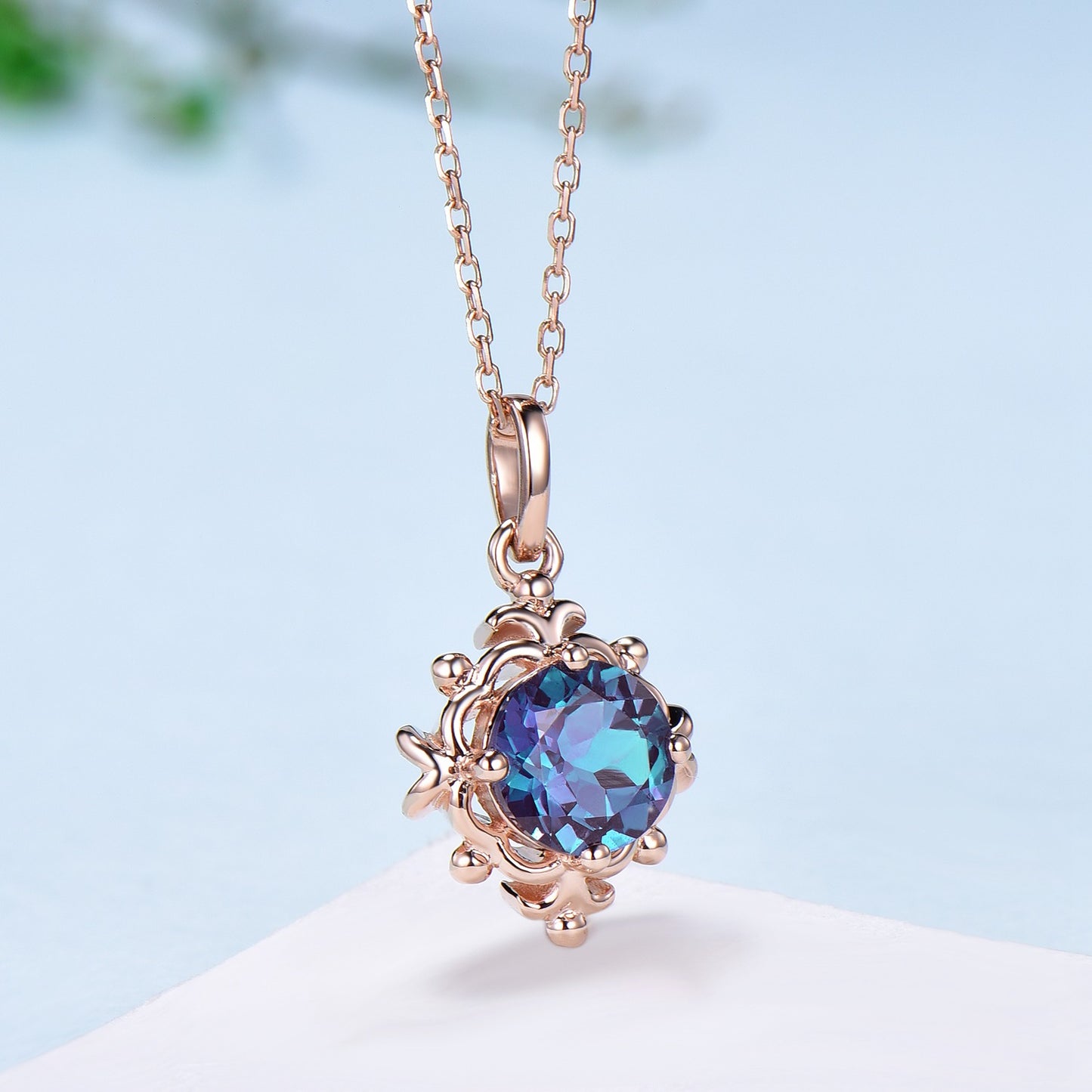 Unique Alexandrite Pendant Necklace Magic Crescent Moon Round Alexandrite Necklace Floral Retro Vintage Pendant Anniversary gift for women - PENFINE