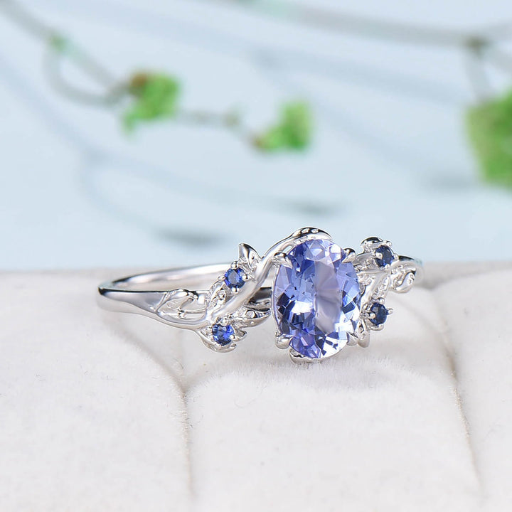 Elegant Blue Tanzanite Ring Vintage Unique Twig Engagement Ring Leaf Cluster Wedding Ring Women Nature inspired Branch Ring Proposal Gift - PENFINE