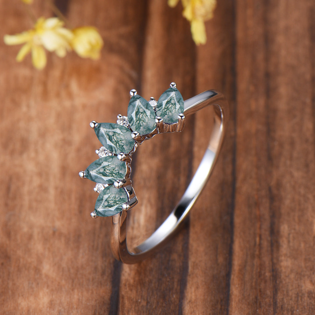 Vintage Moss Agate Wedding Band, Curved Stacking Ring, 14K Rose Gold, Pear Cut Moissanite