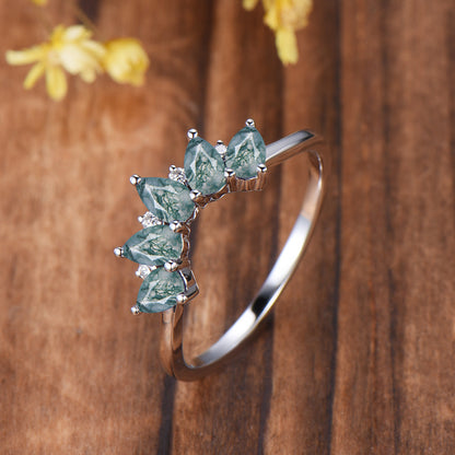 Vintage Moss Agate Wedding Band, Curved Stacking Ring, 14K Rose Gold, Pear Cut Moissanite