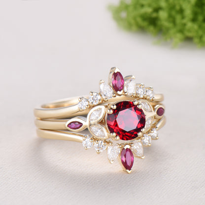 1CT Round Lab Ruby Engagement Ring Bezel Set Marquise Cut Enhancer Band Bridal Set