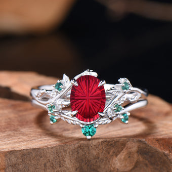 Oval Shaped Fantasy Cut Ruby leaf Engagement Ring Emerald Nature Inspired Ring Bridal Set