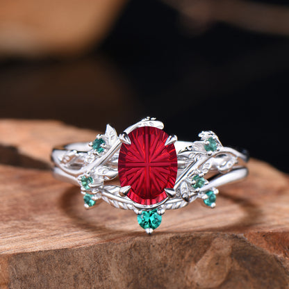 Oval Shaped Fantasy Cut Ruby leaf Engagement Ring Emerald Nature Inspired Ring Bridal Set