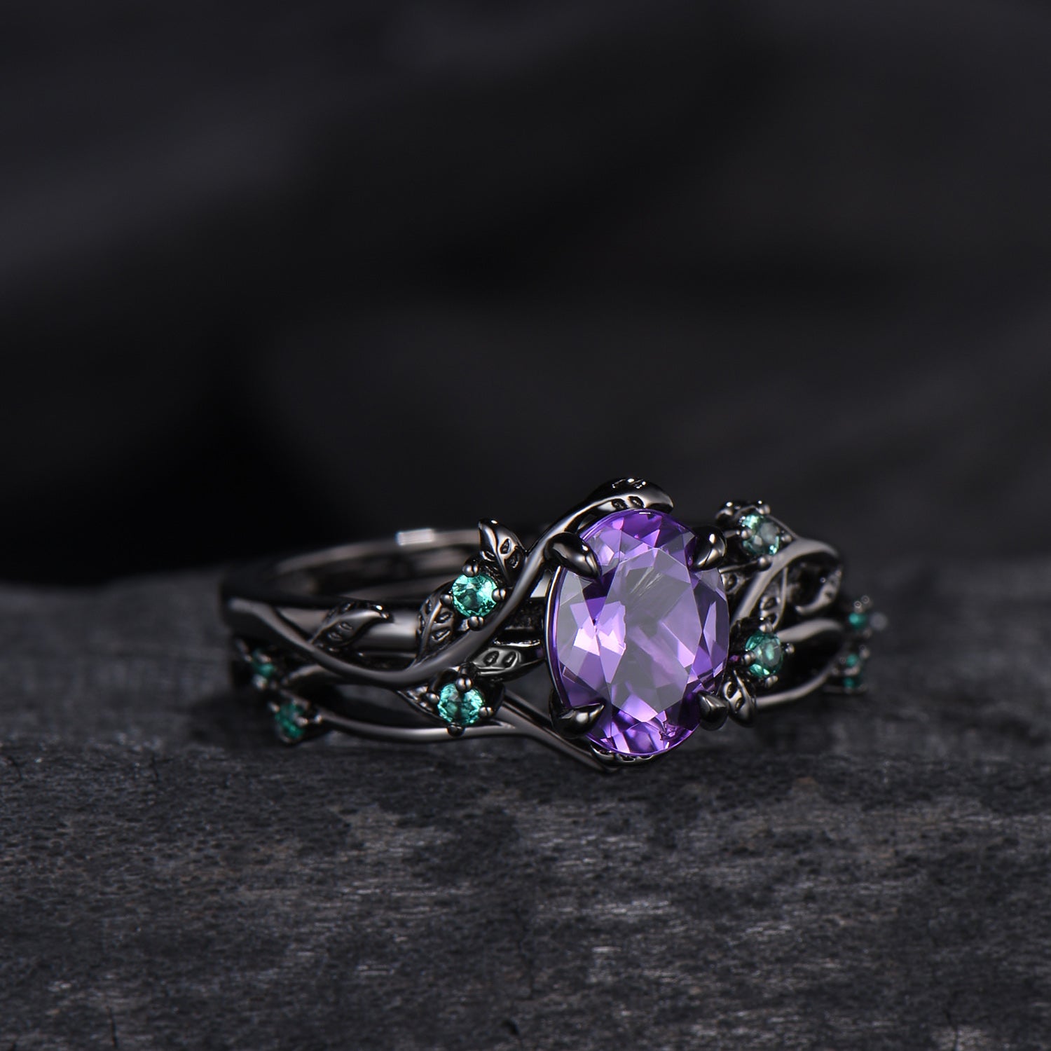 Unique black gold amethyst ring set Nature Inspired purple amethyst engagement ring vintage cluster emerald Leaf wedding ring set for women