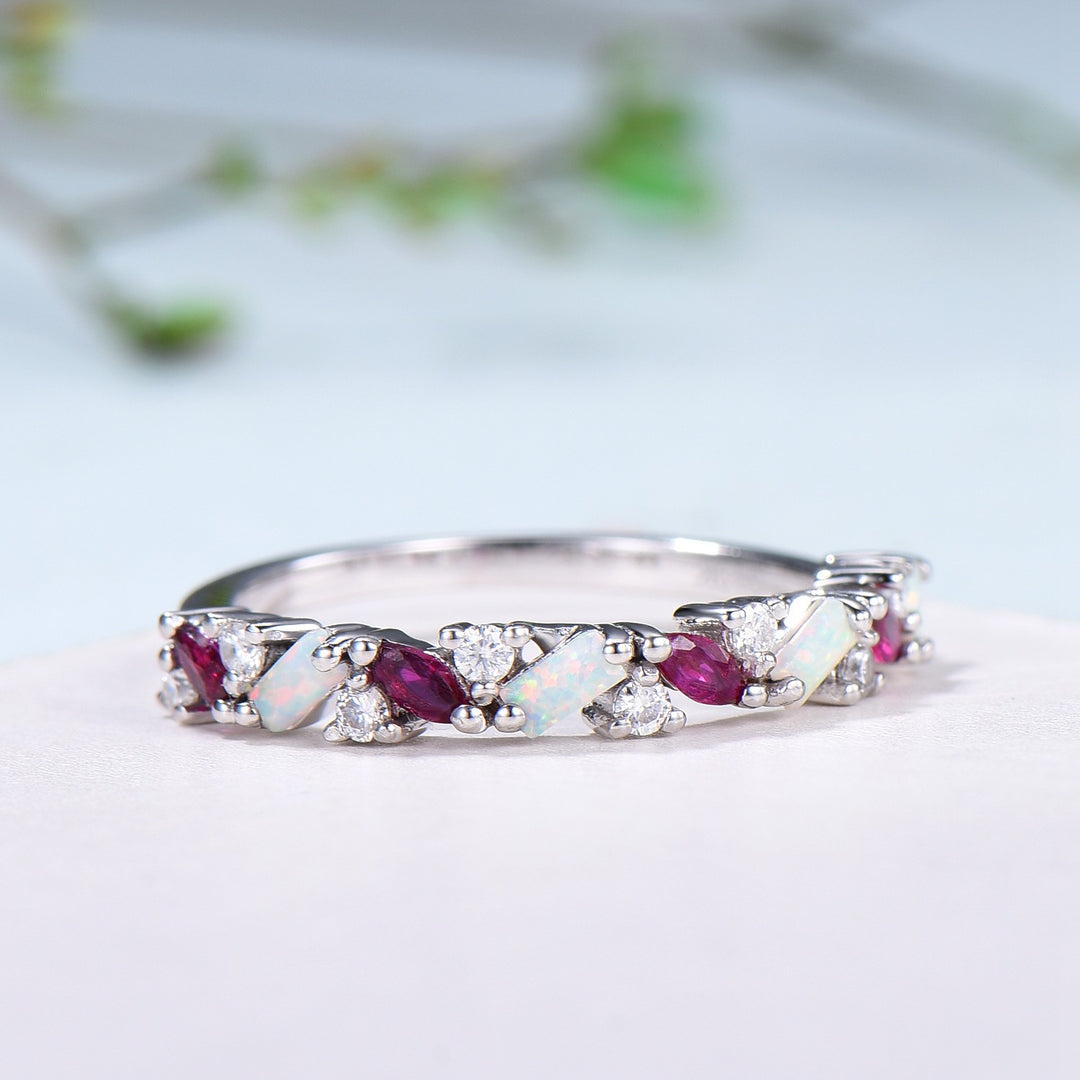 Vintage Fire Opal Ruby Eternity Wedding Band Women Unique Baguette White Opal Stackable Ring Marquise Ruby Matching Band Anniversary Gift - PENFINE