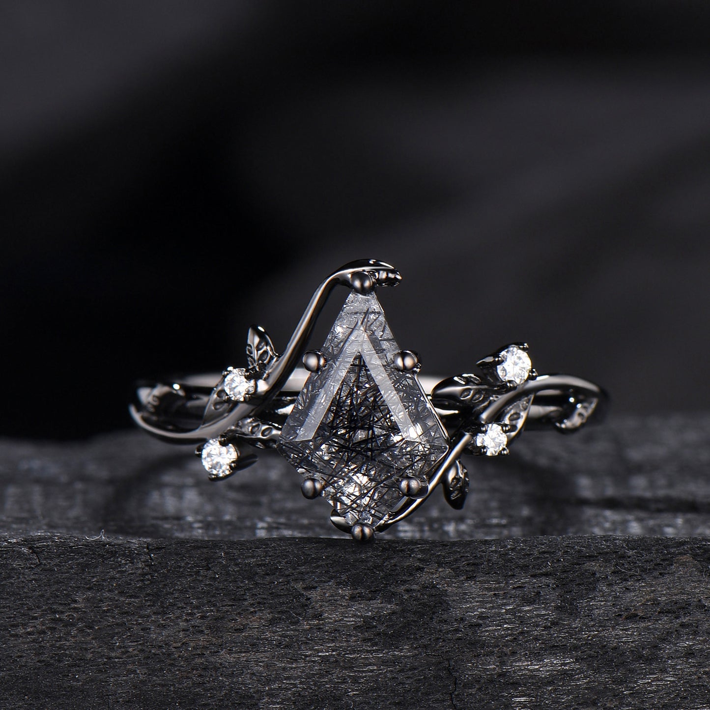 Unique gothic kite cut black rutilated quartz engagement ring set black gold cluster engagement ring leaf branch nature inspired wedding set
