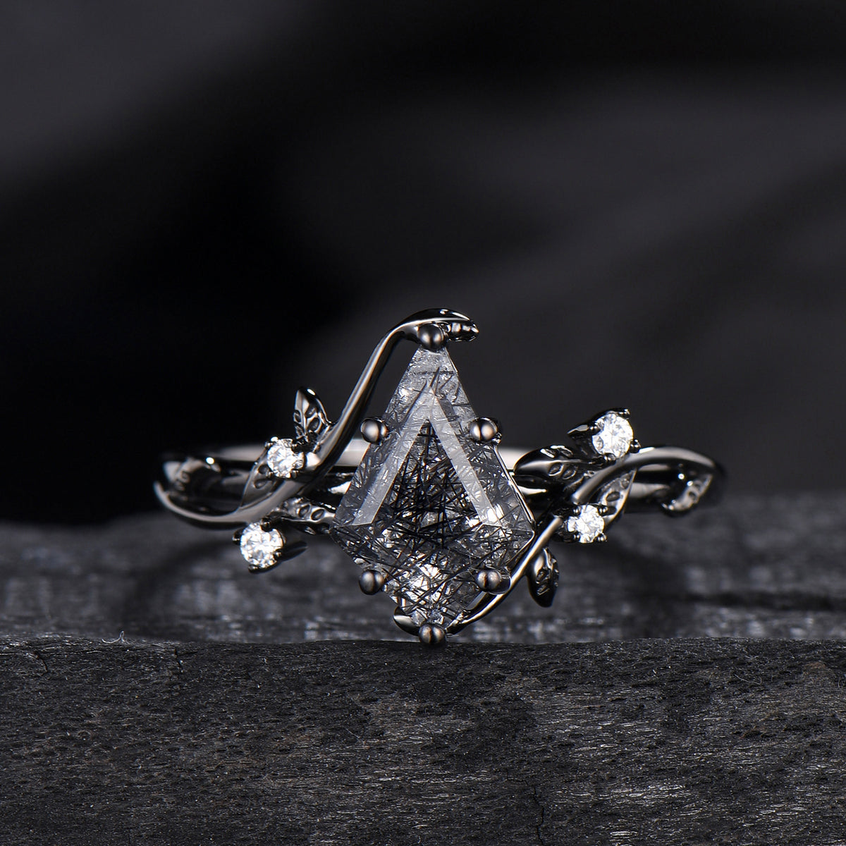 Unique gothic kite cut black rutilated quartz engagement ring set black gold cluster engagement ring leaf branch nature inspired wedding set