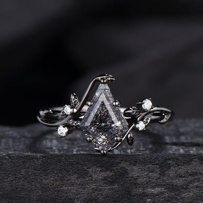 Unique gothic kite cut black rutilated quartz engagement ring set black gold cluster engagement ring leaf branch nature inspired wedding set