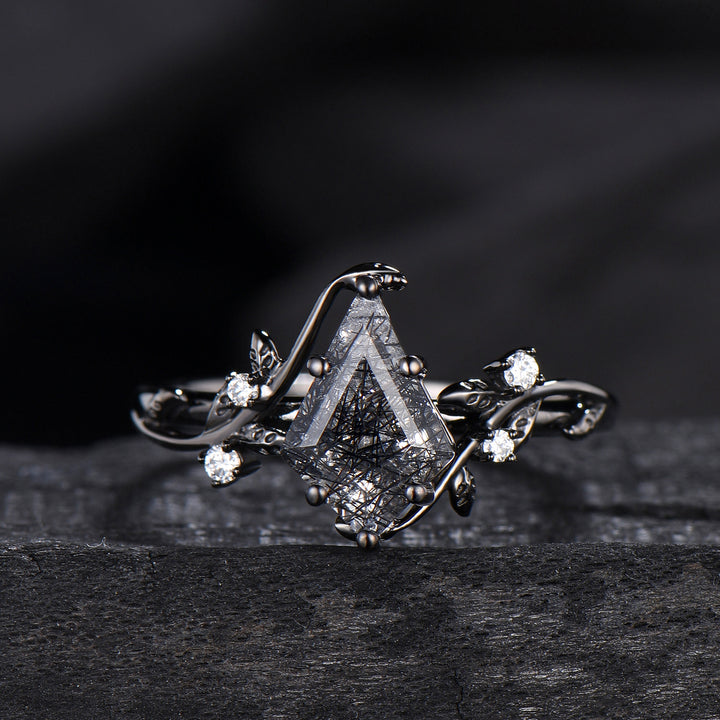 Unique gothic kite cut black rutilated quartz engagement ring set black gold cluster engagement ring leaf branch nature inspired wedding set